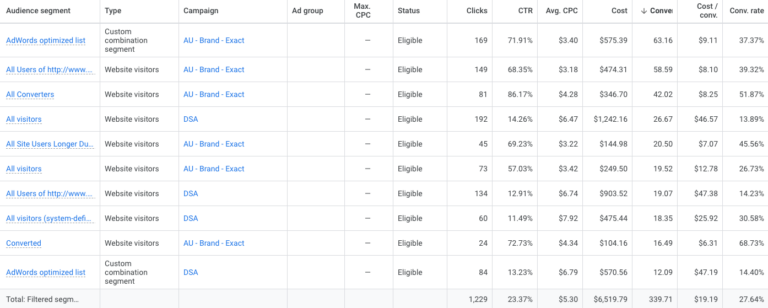 Google Ads campaign perfromance segmentation by audience