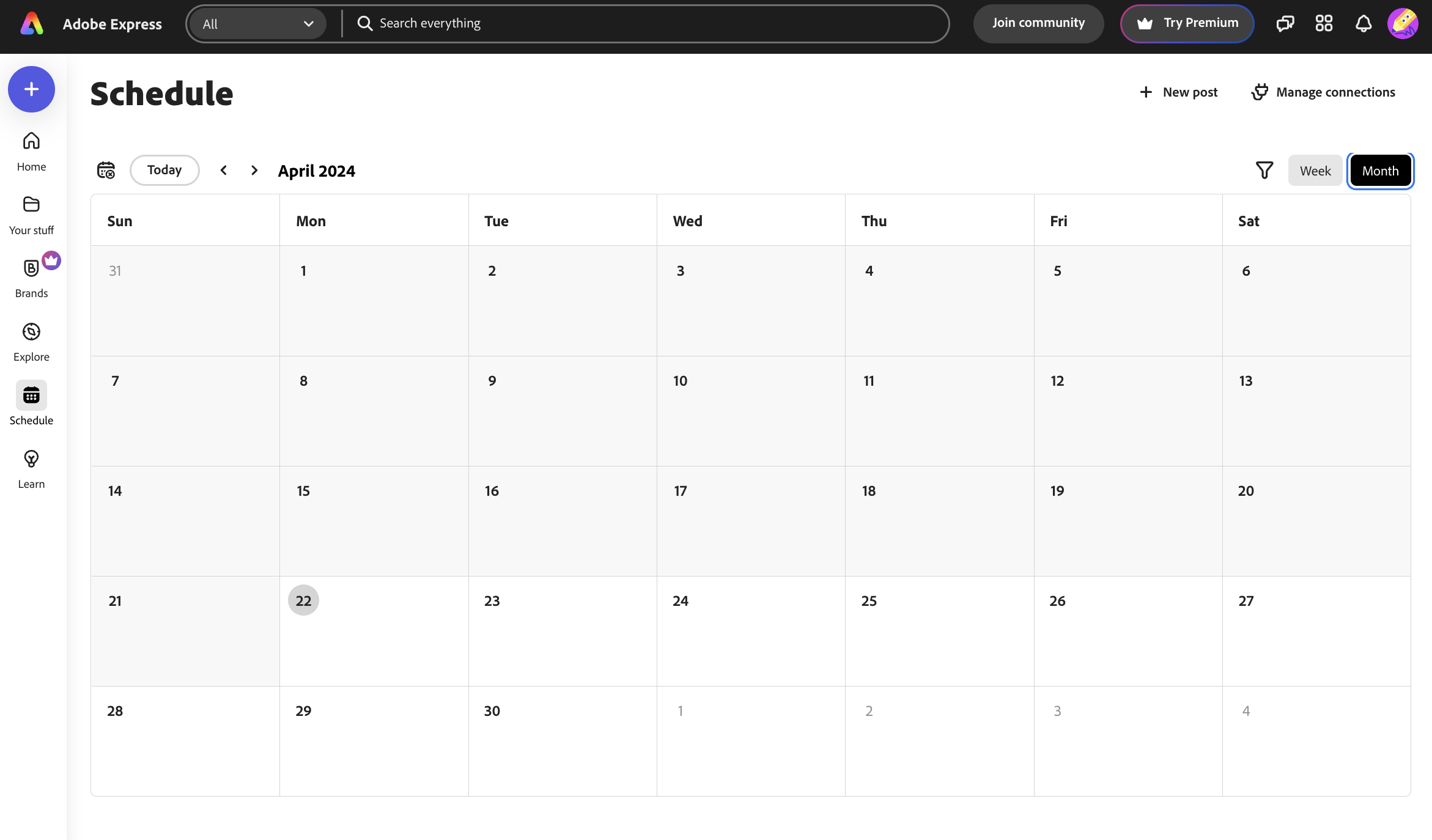 Digital screen capture showing Adobe Express content calendar template within a user interface, with blank dates and navigational tools visible.