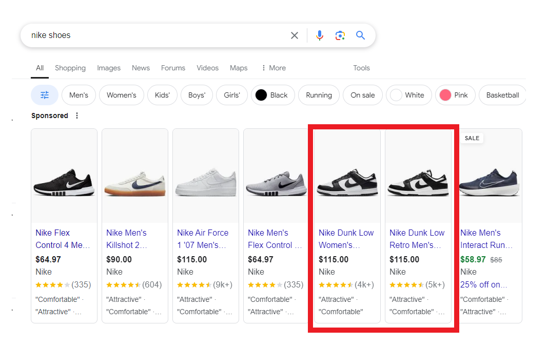 Example of a Google search with the query of 'Nike shoes' showing Shopping ad examples.