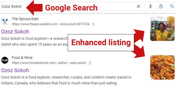 Screenshot of a rich result for two recipe site profile pages that use ProfilePage structured data markup